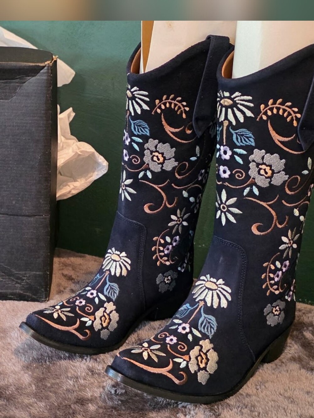 Agave Sky Leather Embroidered Navy Blue Floral Mid-Calf Women's Boots
